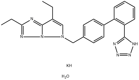 5H-Pyrazolo[1,5-b][1,2,4]triazole, 2,7-diethyl-5-[[2'-(2H-tetrazol-5-yl)[1,1'-biphenyl]-4-yl]methyl]-, potassium salt, hydrate (1:1:1) Struktur