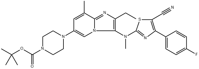 1-Piperazinecarboxylic acid, 4-[3-[[5-cyano-4-(4-fluorophenyl)-2-thiazolyl]methylamino]-2-ethyl-8-methylimidazo[1,2-a]pyridin-6-yl]-, 1,1-dimethylethyl ester Struktur