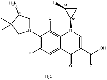 3-Quinolinecarboxylic acid, 7-[(7S)-7-aMino-5-azaspiro[2.4]hept-5-yl]-8-chloro-6-fluoro-1-[(1R,2S)-2-fluorocyclopropyl]-1,4-dihydro-4-oxo-, hydrate (2:1) Struktur