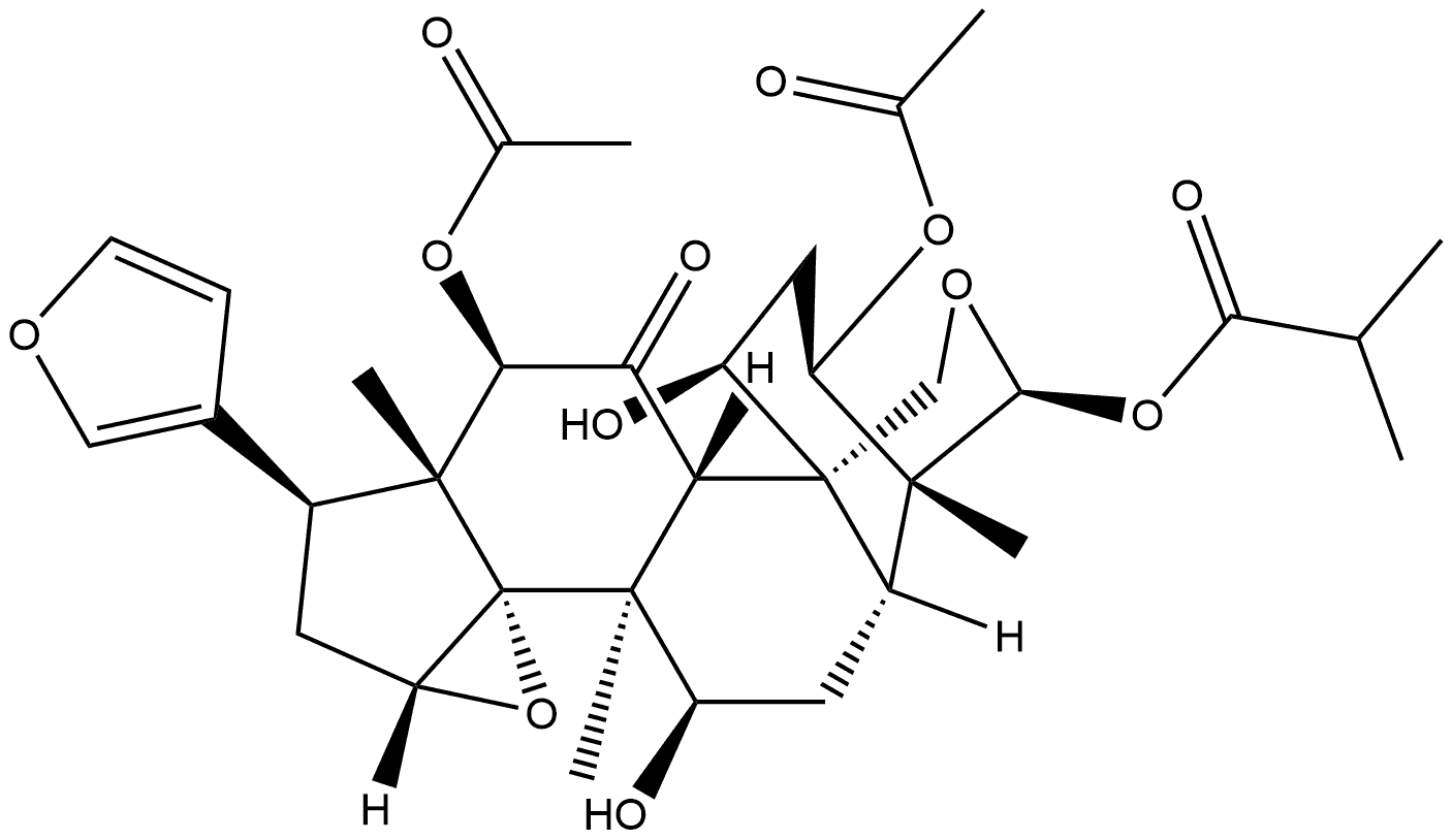 24-Norchola-20,22-diene-4-carboxaldehyde, 3,12-bis(acetyloxy)-14,15:21,23-diepoxy-1,7,19-trihydroxy-4,8-dimethyl-11-oxo-, cyclic 4,19-(2-methyl-1-oxopropyl acetal), [C(S),1α,3α,4β,5α,7α,12α,13α,14β,15β,17α]- Struktur