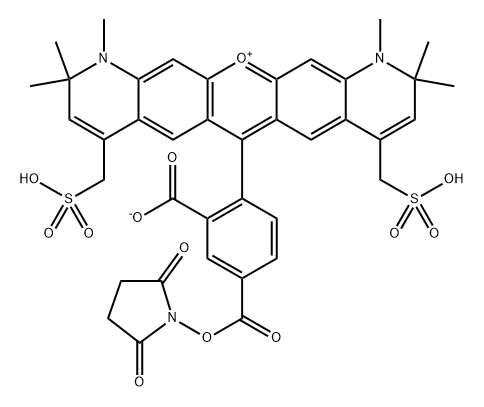 Pyrano[3,2-g:5,6-g']diquinolin-13-ium, 6-[2-carboxy-4-[[(2,5-dioxo-1-pyrrolidinyl)oxy]carbonyl]phenyl]-1,2,10,11-tetrahydro-1,2,2,10,10,11-hexamethyl-4,8-bis(sulfomethyl)-, inner salt Struktur