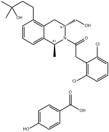 Benzoic acid, 4-hydroxy-, compd. with 2-(2,6-dichlorophenyl)-1-[(1S,3R)-3,4-dihydro-3-(hydroxymethyl)-5-(3-hydroxy-3-methylbutyl)-1-methyl-2(1H)-isoquinolinyl]ethanone (1:1) Struktur