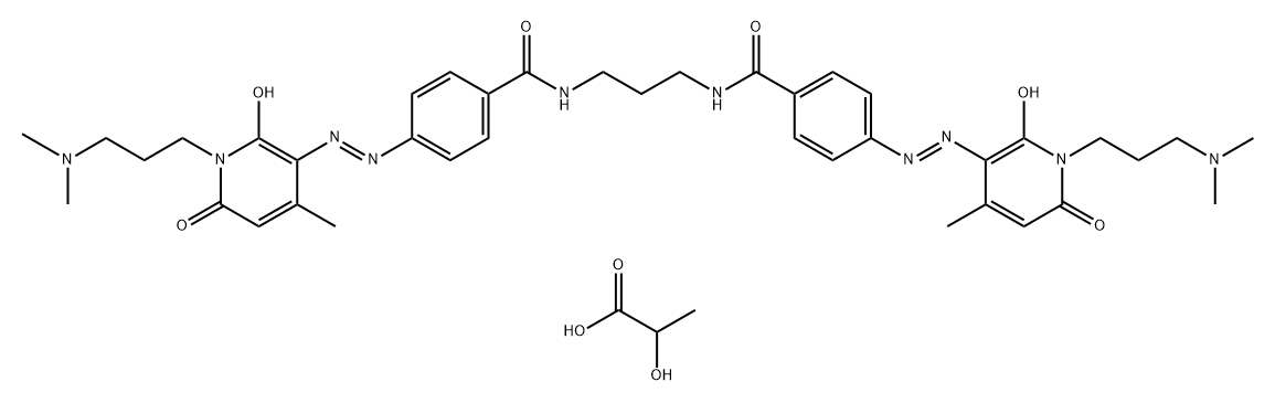 N,N,N',N'-tetramethyl-3,3'-(propylenebis(iminocarbonyl-4,1-phenylenazo(1,6-dihydro-2-hydroxy-4-methyl-6-oxopyridine-3,1-diyl)))di(propylammonium) dilactate Struktur