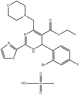 5-Pyrimidinecarboxylic acid, 4-(2-bromo-4-fluorophenyl)-1,4-dihydro-6-(4-morpholinylmethyl)-2-(2-thiazolyl)-, ethyl ester, methanesulfonate (1:1) Struktur