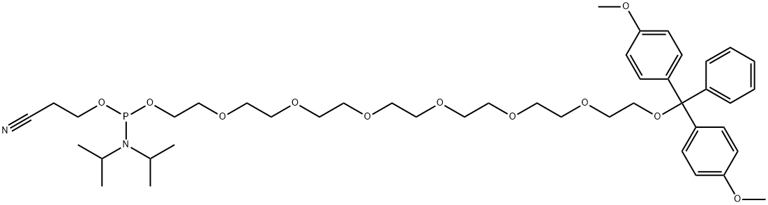 Phosphoramidous acid, bis(1-methylethyl)-, 22,22-bis(4-methoxyphenyl)-22-phenyl-3,6,9,12,15,18,21-heptaoxadocos-1-yl 2-cyanoethyl ester Struktur