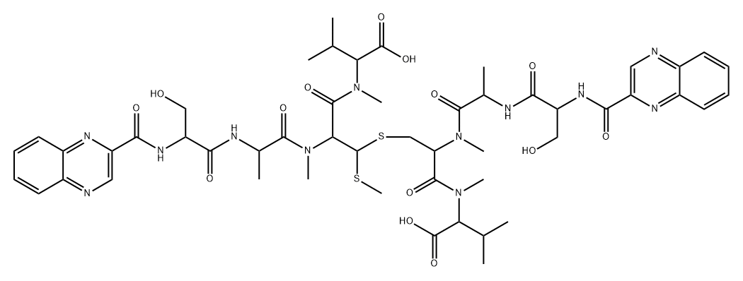 L-Valine, N-(2-quinoxalinylcarbonyl)-D-seryl-L-alanyl-3-mercapto-N,S-dimethylcysteinyl-N-methyl-, (3→3')-thioether with N-(2-quinoxalinylcarbonyl)-D-seryl-L-alanyl-N-methylcysteinyl-N-methyl-L-valine Struktur