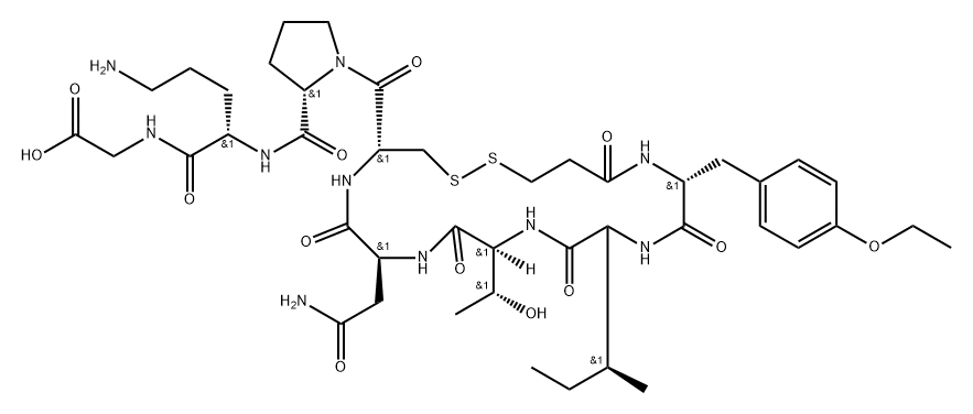 Glycine, O-?ethyl-?N-?(3-?mercapto-?1-?oxopropyl)?-?D-?tyrosyl-?L-?isoleucyl-?L-?threonyl-?L-?asparaginyl-?L-?cysteinyl-?L-?prolyl-?L-?ornithyl-?, cyclic (1→5)?-?disulfide Struktur