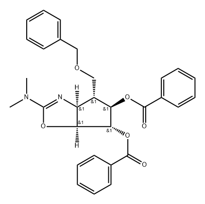 4H-Cyclopentoxazole-5,6-diol, 2-(dimethylamino)-3a,5,6,6a-tetrahydro-4-(phenylmethoxy)methyl-, dibenzoate (ester), 3aS-(3a.alpha.,4.alpha.,5.beta.,6.alpha.,6a.alpha.)- Struktur