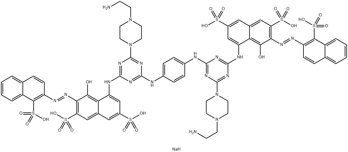 2,7-Naphthalenedisulfonic acid, 4,4-1,4-phenylenebisimino6-4-(2-aminoethyl)-1-piperazinyl-1,3,5-triazine-4,2-diyliminobis5-hydroxy-6-(1-sulfo-2-naphthalenyl)azo-, sodium salt Struktur