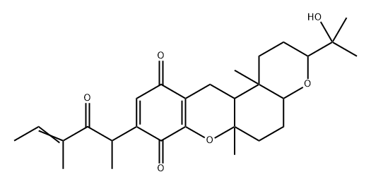 Pyrano[3,2-a]xanthene-8,11-dione, 9-[(1S,2E)-1,3-dimethyl-2-oxo-3-pentenyl]-1,2,3,4a,5,6,6a,12,12a,12b-decahydro-1-(1-hydroxy-1-methylethyl)-6a,12b-dimethyl-, (3R,4aR,6aR,12aR,12bR)- (9CI) Struktur