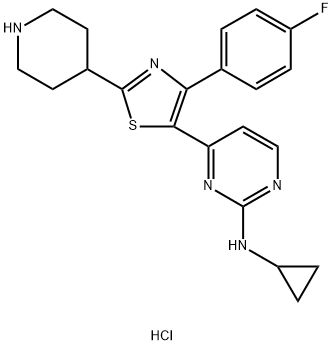 2-Pyrimidinamine, N-cyclopropyl-4-[4-(4-fluorophenyl)-2-(4-piperidinyl)-5-thiazolyl]-, hydrochloride (1:2) Struktur