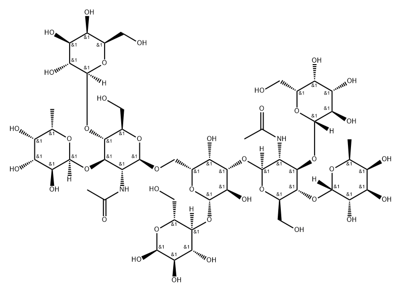 O-6-Deoxy-alpha-L-galactopyranosyl-(1-3)-O-[beta-D-galactopyranosyl-(1-4)]-O-2-(acetylamino)-2-deoxy-beta-D-glucopyranosyl-(1-6)-O-[O-6-deoxy-alpha-L-galactopyranosyl-(1-4)-O-[beta-D-galactopyranosyl-(1-3)]-2-(acetylamino)-2-deoxy-beta-D-glucopyranosyl-(1-3)]-O-beta-D-galactopyranosyl-(1-4)-alpha-D-glucopyranose Struktur