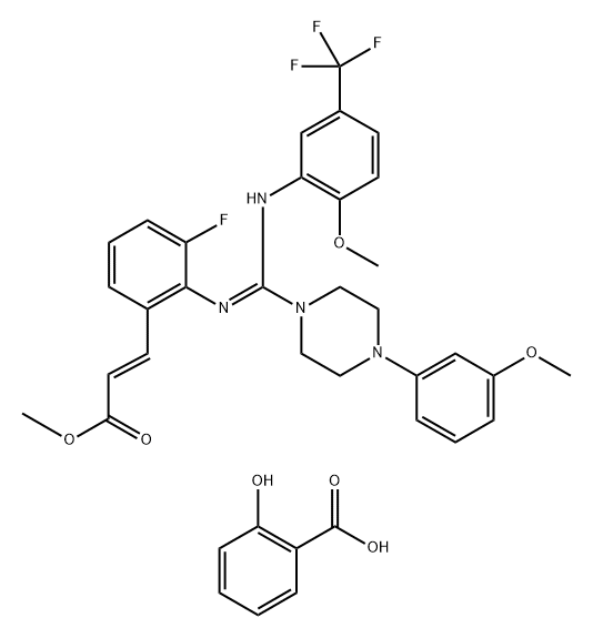 Benzoic acid, 2-hydroxy-, compd. with (2E)-methyl 3-[3-fluoro-2-[[[4-(3-methoxyphenyl)-1-piperazinyl][[2-methoxy-5-(trifluoromethyl)phenyl]imino]methyl]amino]phenyl]-2-propenoate (1:1) Struktur