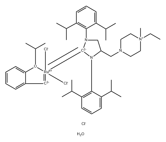 (1,3-Bis(2,6-diisopropylphenyl)-4-((4-ethyl-4-methylpiperzain-1-ium-1-yl)methyl)imidazolidin-2-ylidene)(2-isopropoxybenzylidene)ruthenium(II) chloride dihydrate FixCat Struktur