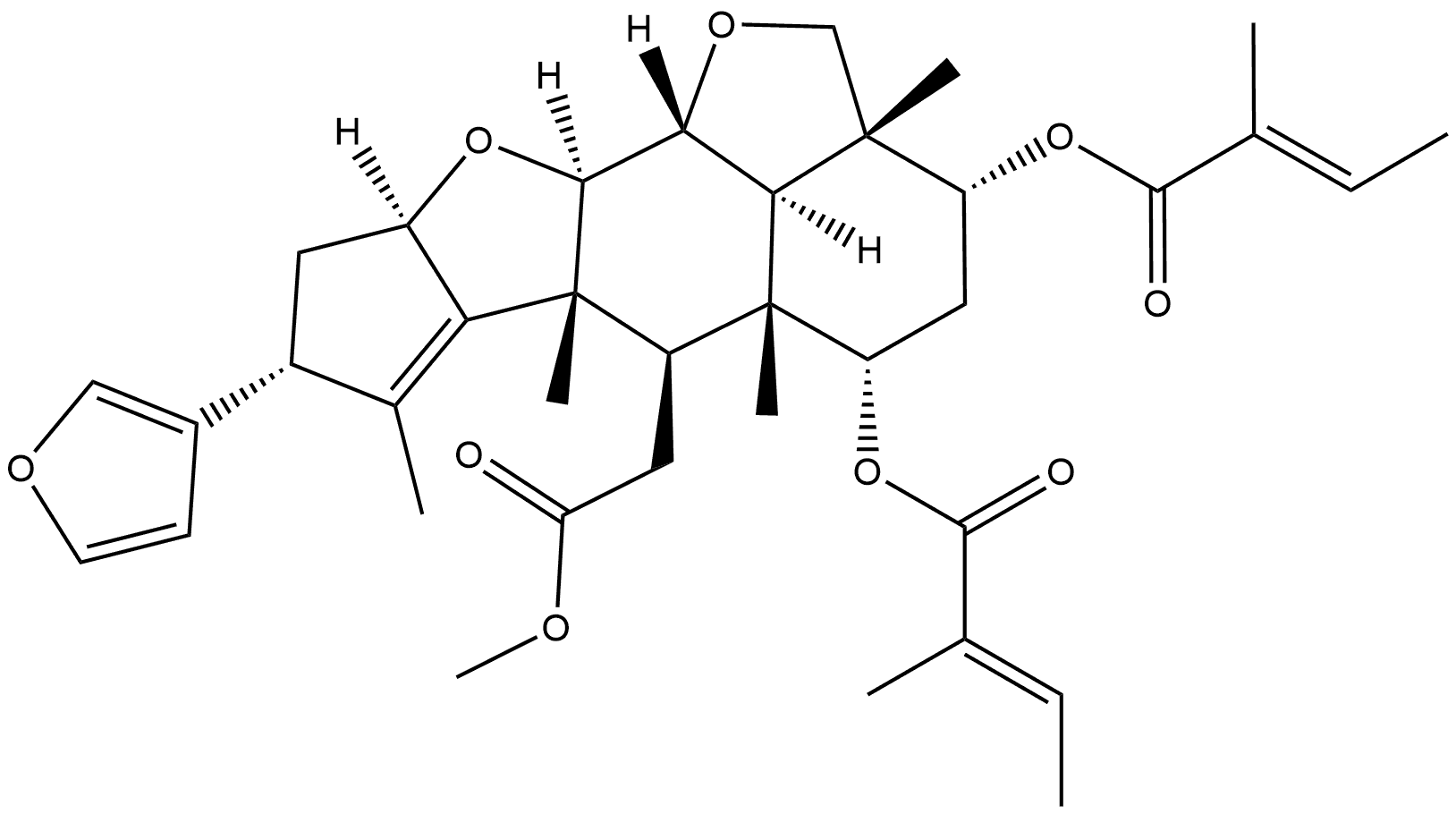 2H,3H-Cyclopenta[d']naphtho[1,8-bc:2,3-b']difuran-6-acetic acid, 8-(3-furanyl)-2a,4,5,5a,6,6a,8,9,9a,10a,10b,10c-dodecahydro-2a,5a,6a,7-tetramethyl-3,5-bis[[(2E)-2-methyl-1-oxo-2-buten-1-yl]oxy]-, methyl ester, (2aR,3R,5S,5aR,6R,6aR,8R,9aR,10aR,10bR,10cR)- Struktur