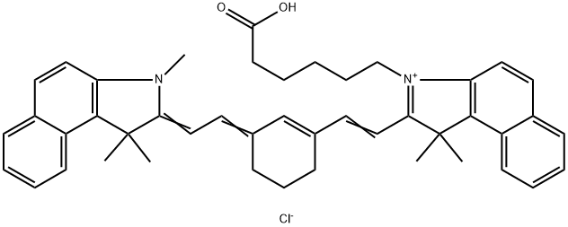 1H-Benz[e]indolium, 3-(5-carboxypentyl)-2-[2-[3-[2-(1,3-dihydro-1,1,3-trimethyl-2H-benz[e]indol-2-ylidene)ethylidene]-1-cyclohexen-1-yl]ethenyl]-1,1-dimethyl-, chloride (1:1) Struktur