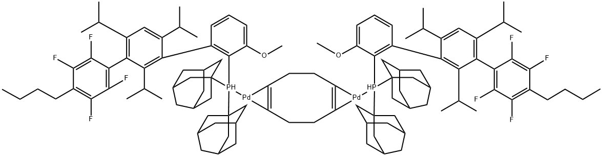 Bis{[2-(Diadamantylphosphino)-3-methoxy-2,4,6-tri-i-propyl-3-(2,3,5,6-tetrafluoro-4-butylphenyl)-1,1-biphenyl]palladium(0)}1,5-cyclooctadiene, [AlPhos Palladium complex] Struktur