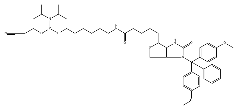 Phosphoramidous acid, N,N-bis(1-methylethyl)-, 6-[[5-[1-[bis(4-methoxyphenyl)phenylmethyl]hexahydro-2-oxo-1H-thieno[3,4-d]imidazol-4-yl]-1-oxopentyl]amino]hexyl 2-cyanoethyl ester Struktur