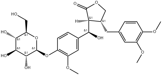 2(3H)-Furanone, 4-[(3,4-dimethoxyphenyl)methyl]-3-[(R)-[4-(β-D-glucopyranosyloxy)-3-methoxyphenyl]hydroxymethyl]dihydro-, (3S,4R)- Struktur