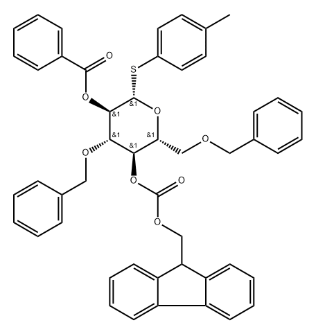 β-D-Glucopyranoside, 4-methylphenyl 3,6-bis-O-(phenylmethyl)-1-thio-, 2-benzoate 4-(9H-fluoren-9-ylmethyl carbonate) Struktur