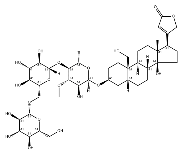 Card-20(22)-enolide, 3-[(O-β-D-glucopyranosyl-(1→6)-O-β-D-glucopyranosyl-(1→4)-6-deoxy-3-O-methyl-α-L-glucopyranosyl)oxy]-14,19-dihydroxy-, (3β,5β)- Struktur