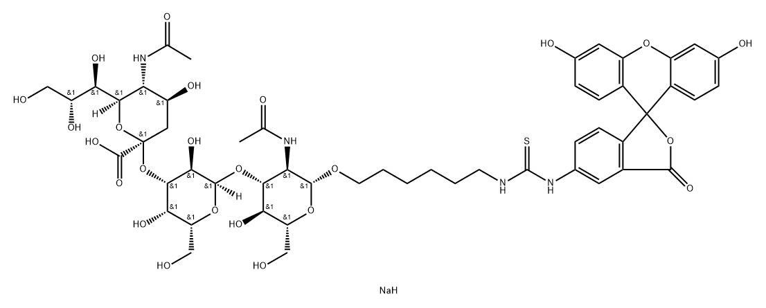 Thiourea, N-6-O-(N-acetyl-.alpha.-neuraminosyl)-(23)-O-.beta.-D-galactopyranosyl-(13)-2-(acetylamino)-2-deoxy-.beta.-D-glucopyranosyloxyhexyl-N-(3,6-dihydroxy-3-oxospiroisobenzofuran-1(3H),9-9Hxanthen-5-yl)-, disodium salt Struktur