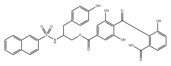 (+-)-2-[[2,6-Dihydroxy-4-[[[3-(4-hydroxyphenyl)-2-[(naphthylsulfonyl)a mino]propyl]oxy]carbonyl]phenyl]carbonyl]-3-hydroxybenzoic Acid Struktur