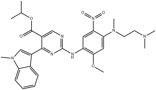 5-Pyrimidinecarboxylic acid, 2-[[4-[[2-(dimethylamino)ethyl]methylamino]-2-methoxy-5-nitrophenyl]amino]-4-(1-methyl-1H-indol-3-yl)-, 1-methylethyl ester Struktur