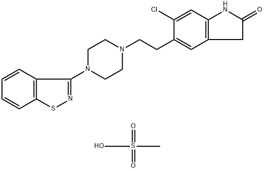 2H-Indol-2-one, 5-[2-[4-(1,2-benzisothiazol-3-yl)-1-piperazinyl]ethyl]-6-chloro-1,3-dihydro-, methanesulfonate (1:1) Struktur