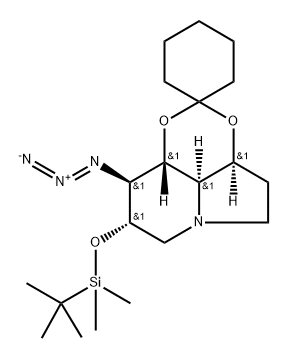 Spirocyclohexane-1,2-1,3dioxino4,5,6-hiindolizine, 9-azido-8-(1,1-dimethylethyl)dimethylsilyloxyoctahydro-, (3aS,8S,9S,9aR,9bR)- Struktur