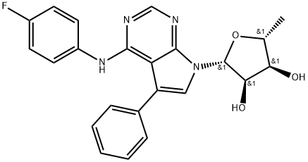 7H-Pyrrolo[2,3-d]pyrimidin-4-amine, 7-(5-deoxy-β-D-ribofuranosyl)-N-(4-fluorophenyl)-5-phenyl- Struktur