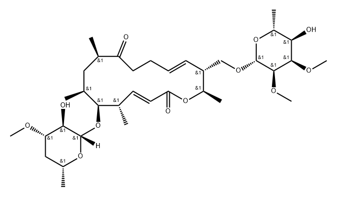 Tylosin, 4A-de[(2,6-dideoxy-3-C-methyl-α-L-ribo-hexopyranosyl)oxy]-3A-de(dimethylamino)-15-deethyl-2,3-didehydro-6-de(2-oxoethyl)-3-deoxy-10,11-dihydro-3A-methoxy-6,15-dimethyl- (9CI) Struktur