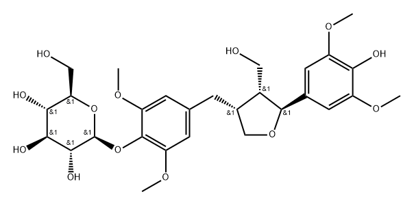 β-D-Glucopyranoside, 2,6-dimethoxy-4-[[(3R,4R,5S)-tetrahydro-5-(4-hydroxy-3,5-dimethoxyphenyl)-4-(hydroxymethyl)-3-furanyl]methyl]phenyl Struktur