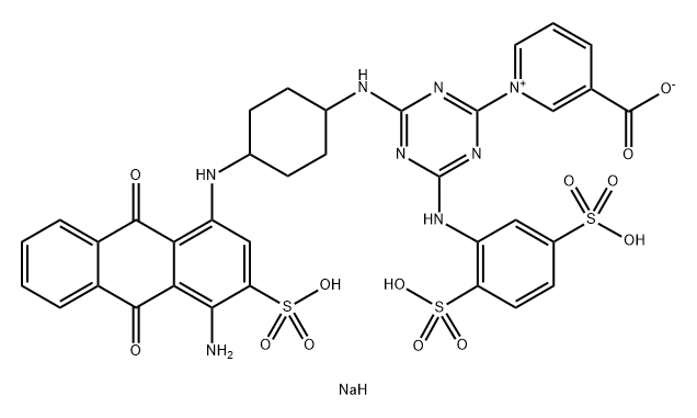 Pyridinium, 1-[4-[[4-[(4-amino-9,10-dihydro-9,10-dioxo-3-sulfo-1-anthracenyl)amino]cyclohexyl]amino]-6-[(2,5-disulfophenyl)amino]-1,3,5-triazin-2-yl]-3-carboxy-, inner salt, sodium salt (1:3) Struktur