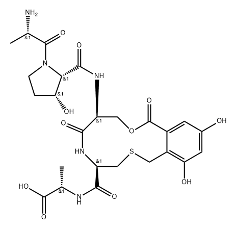 L-Alanine, L-alanyl-(3R)-3-hydroxy-L-prolyl-O-[3,5-dihydroxy-2-(mercaptomethyl)benzoyl]-L-seryl-L-cysteinyl-, cyclic (3→4)-thioether (9CI) Struktur