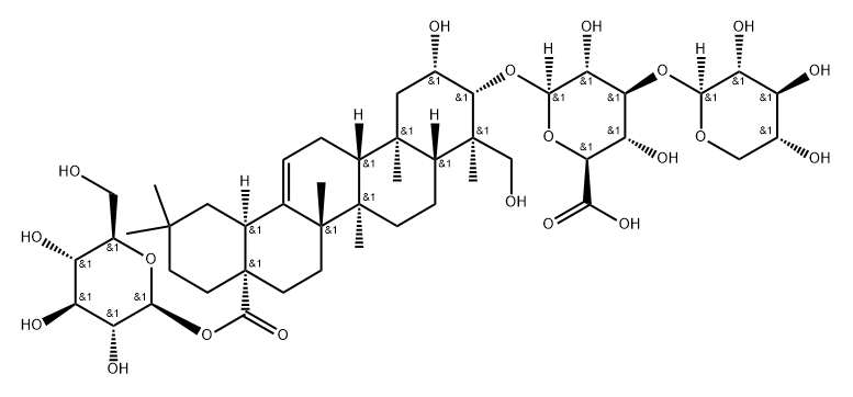 β-D-Glucopyranosiduronic acid, (2β,3β,4α)-28-(β-D-glucopyranosyloxy)-2,23-dihydroxy-28-oxoolean-12-en-3-yl 3-O-β-D-xylopyranosyl- Struktur