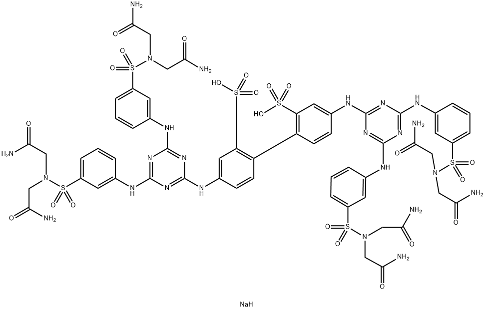 [1,1'-Biphenyl]-2,2'-disulfonic acid, 4,4'-bis[[4,6-bis[[3-[[bis(2-amino-2-oxoethyl)amino]sulfonyl]phenyl]amino]-1,3,5-triazin-2-yl]amino]-, sodium salt (1:2) Struktur