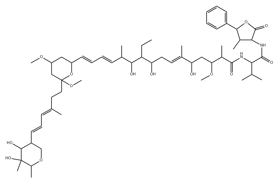 Hexitol, 1,5-anhydro-2,6-dideoxy-2-[(1E,3E)-6-[6-[(1E,3E)-7-ethyl-6,8,12-trihydroxy-14-methoxy-5,11,15-trimethyl-16-[[2-methyl-1-[[(tetrahydro-4-methyl-2-oxo-5-phenyl-3-furanyl)amino]carbonyl]propyl]amino]-16-oxo-1,3,10-hexadecatrienyl]tetrahydro-2,4-dimethoxy-2H-pyran-2-yl]-4-methyl-1,3-hexadienyl]-4-C-methyl- Struktur