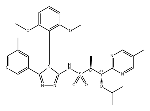 2-Pyrimidineethanesulfonamide, N-[4-(2,6-dimethoxyphenyl)-5-(5-methyl-3-pyridinyl)-4H-1,2,4-triazol-3-yl]-α,5-dimethyl-β-(1-methylethoxy)-, (αS,βS)- Struktur