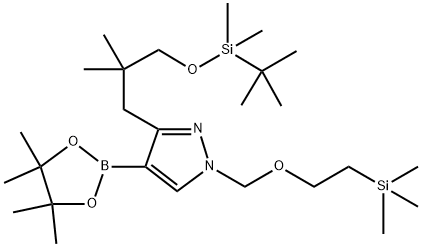 1H-Pyrazole, 3-[3-[[(1,1-dimethylethyl)dimethylsilyl]oxy]-2,2-dimethylpropyl]-4-(4,4,5,5-tetramethyl-1,3,2-dioxaborolan-2-yl)-1-[[2-(trimethylsilyl)ethoxy]methyl]- Struktur