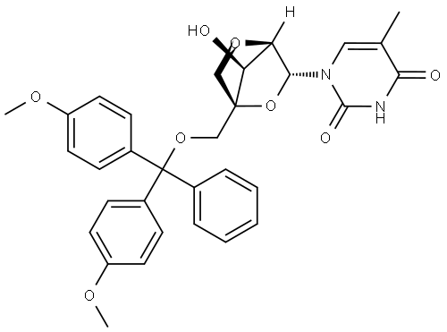 1-[5'-O-(4,4'-Dimethoxytrityl)-2-O,4-C-methylene-beta-D-ribofuranosyl]-5-methyluracil Struktur