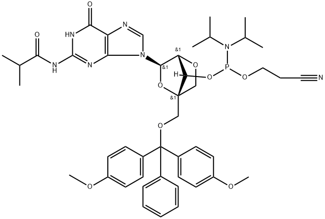 DMTr-LNA-G(iBu)-3'-CED-phosphoramidite Struktur