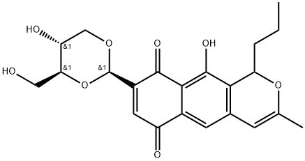 1H-Naphtho[2,3-c]pyran-6,9-dione, 10-hydroxy-8-[(2R,4S,5R)-5-hydroxy-4-(hydroxymethyl)-1,3-dioxan-2-yl]-3-methyl-1-propyl-, rel-(+)- Struktur