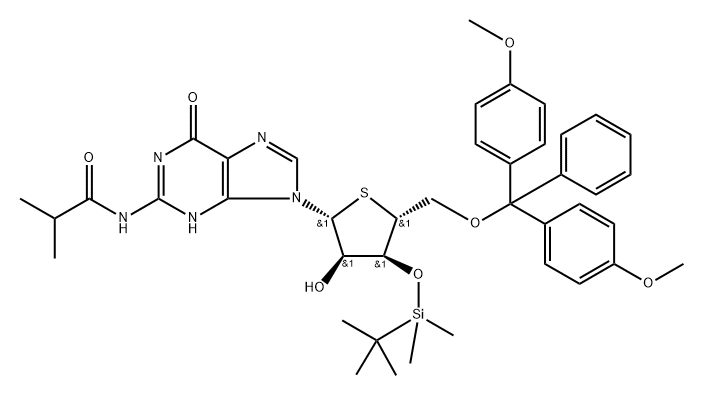 Guanosine, 5'-?O-?[bis(4-?methoxyphenyl)?phenylmethyl]?-?3'-?O-?[(1,?1-?dimethylethyl)?dimethylsilyl]?-?N-?(2-?methyl-?1-?oxopropyl)?-?4'-?thio- Struktur