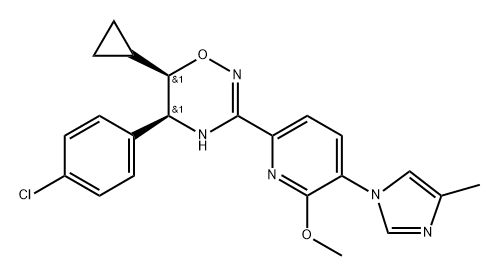 2H-1,2,4-Oxadiazine, 5-(4-chlorophenyl)-6-cyclopropyl-5,6-dihydro-3-[6-methoxy-5-(4-methyl-1H-imidazol-1-yl)-2-pyridinyl]-, (5R,6S)-rel-(+)- Struktur