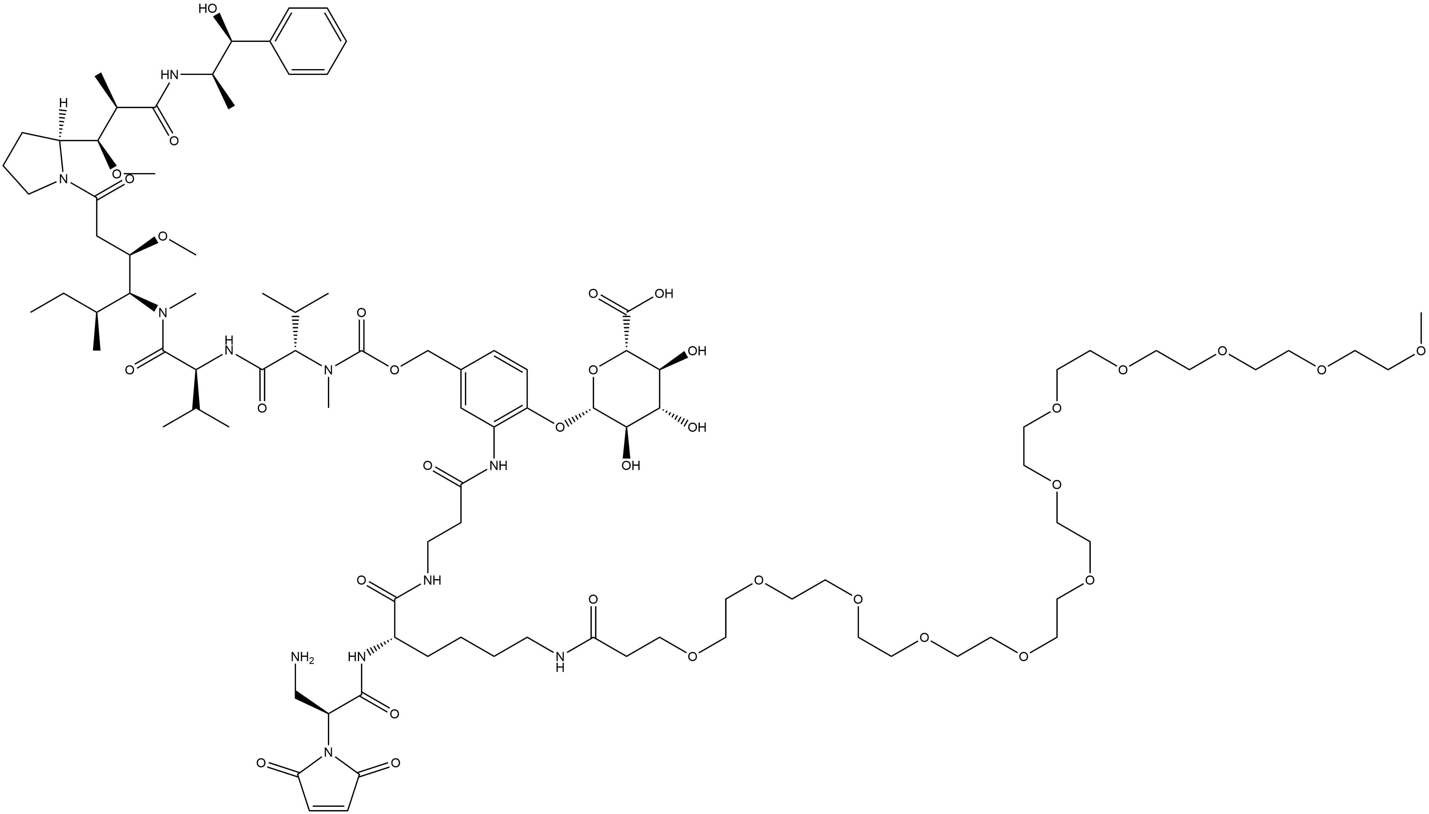 L-Valinamide, N-[[[3-[[(2S)-2-(2,5-dihydro-2,5-dioxo-1H-pyrrol-1-yl)-β-alanyl-N6-(1-oxo-4,7,10,13,16,19,22,25,28,31,34,37-dodecaoxaoctatriacont-1-yl)-L-lysyl-β-alanyl]amino]-4-(β-D-glucopyranuronosyloxy)phenyl]methoxy]carbonyl]-N-methyl-L-valyl-N-[(1S,2R)-4-[(2S)-2-[(1R,2R)-3-[[(1R,2S)-2-hydroxy-1-methyl-2-phenylethyl]amino]-1-methoxy-2-methyl-3-oxopropyl]-1-pyrrolidinyl]-2-methoxy-1-[(1S)-1-methylpropyl]-4-oxobutyl]-N-methyl- Struktur