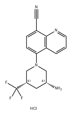 8-Quinolinecarbonitrile, 5-[(3R,5S)-3-amino-5-(trifluoromethyl)-1-piperidinyl]-, hydrochloride (1:1) Struktur