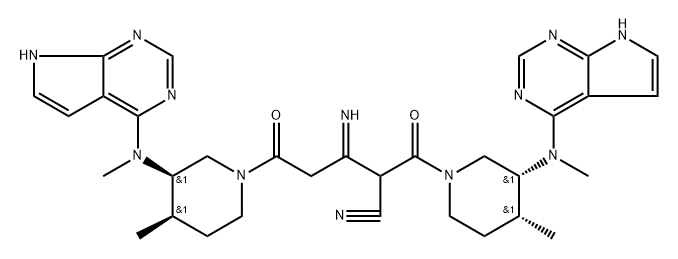 1-Piperidinepentanenitrile, β-imino-4-methyl-α-[[(3R,4R)-4-methyl-3-(methyl-7H-pyrrolo[2,3-d]pyrimidin-4-ylamino)-1-piperidinyl]carbonyl]-3-(methyl-7H-pyrrolo[2,3-d]pyrimidin-4-ylamino)-δ-oxo-, (3R,4R)- Struktur