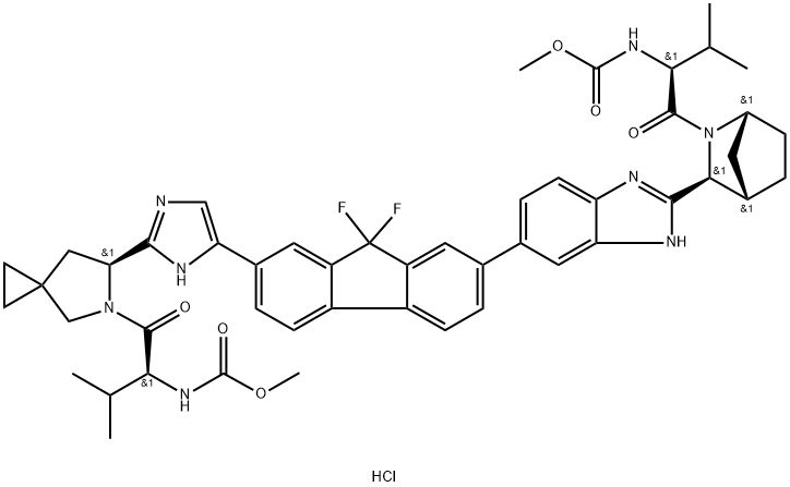 Carbamic acid, N-[(1S)-1-[[(6S)-6-[5-[9,9-difluoro-7-[2-[(1R,3S,4S)-2-[(2S)-2-[(methoxycarbonyl)amino]-3-methyl-1-oxobutyl]-2-azabicyclo[2.2.1]hept-3-yl]-1H-benzimidazol-6-yl]-9H-fluoren-2-yl]-1H-imidazol-2-yl]-5-azaspiro[2.4]hept-5-yl]carbonyl]-2-methylpropyl]-, methyl ester, hydrochloride (1:1) Struktur