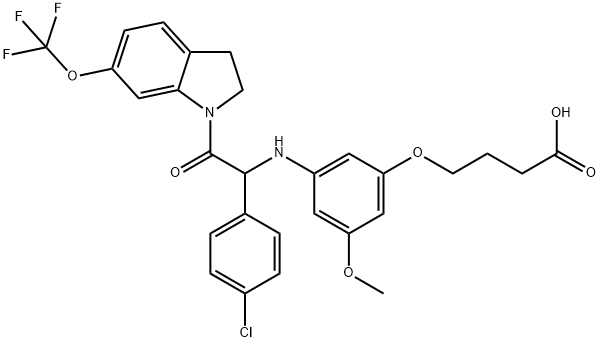 Butanoic acid, 4-[3-[[1-(4-chlorophenyl)-2-[2,3-dihydro-6-(trifluoromethoxy)-1H-indol-1-yl]-2-oxoethyl]amino]-5-methoxyphenoxy]-, (-)- Struktur